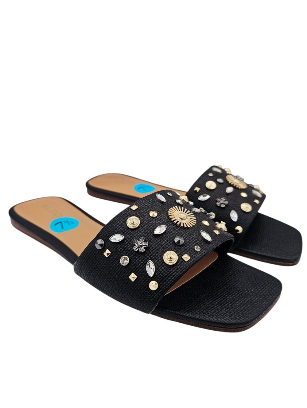 ALDO Itsandal Black Slide Sandals with Studded Rhinestones Embellishments NWOT